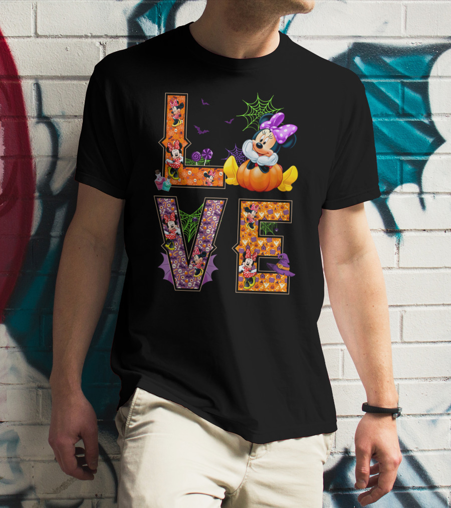 Love Minnie Halloween Pumpkin Bats Spiderwebs Bow T-Shirt