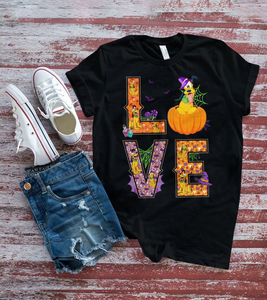 Love Pluto Halloween Pumpkin Bats Spider Webs T-Shirt