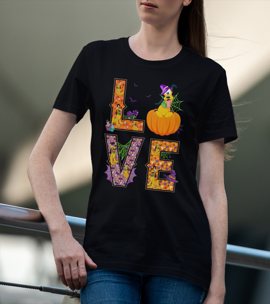 Love Pluto Halloween Pumpkin Bats Spider Webs T-Shirt