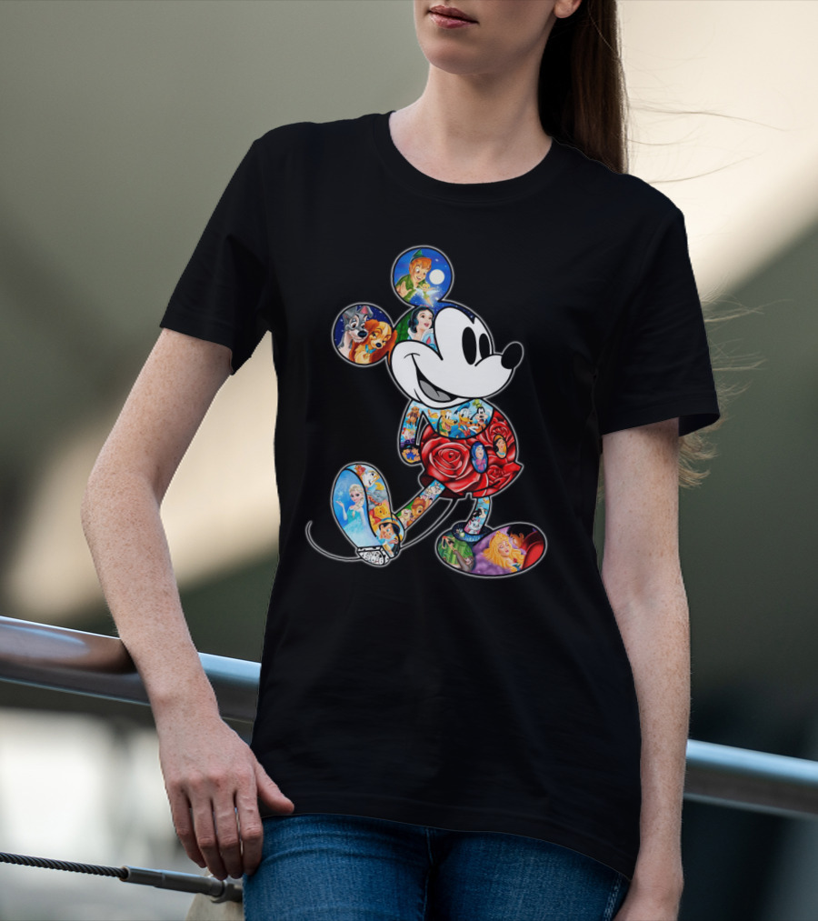 Mickey Mouse Collage Featuring Classic Disney Characters T-Shirt