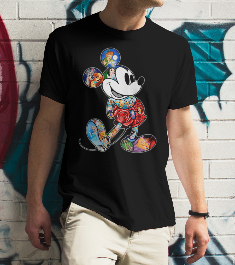 Mickey Mouse Collage Featuring Classic Disney Characters T-Shirt