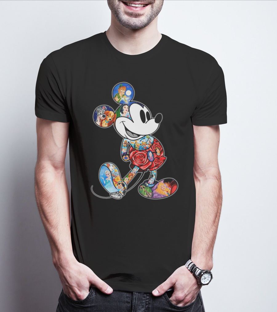 Mickey Mouse Collage Featuring Classic Disney Characters T-Shirt