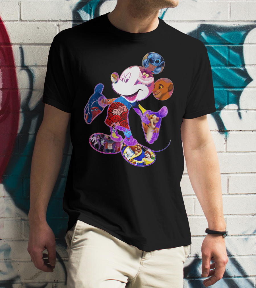 Mickey Mouse Collage Featuring Disney Characters From Lilo & Stitch The Lion King Finding Nemo Winnie The Pooh The Little Mermaid Beauty And The Beast T-Shirt