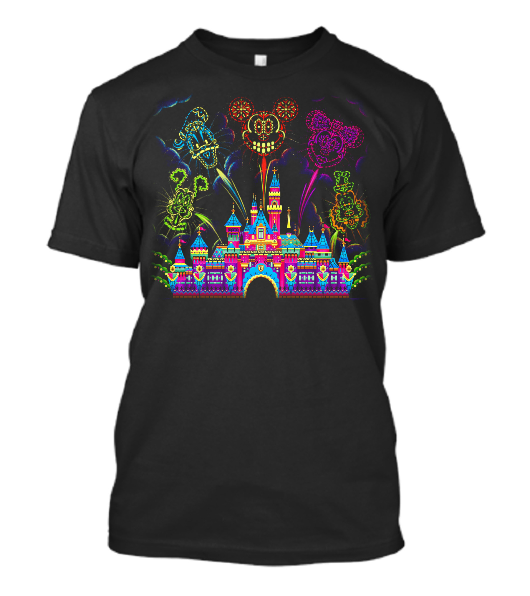 Disney Neon Fireworks Castle Mickey Minnie Goofy T-Shirt