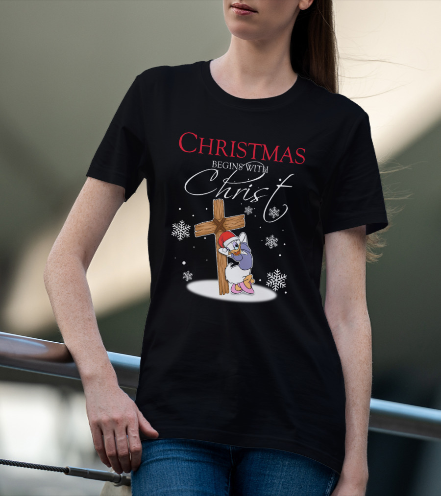 Christmas Begins With Christ Daisy With Cross And Snowflakes T-Shirt