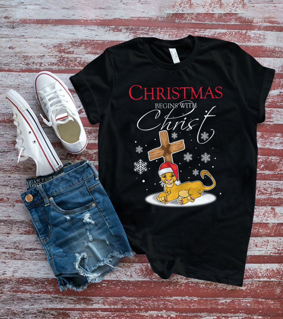 Christmas Begins With Christ Simba Snowflakes Santa Hat T-Shirt