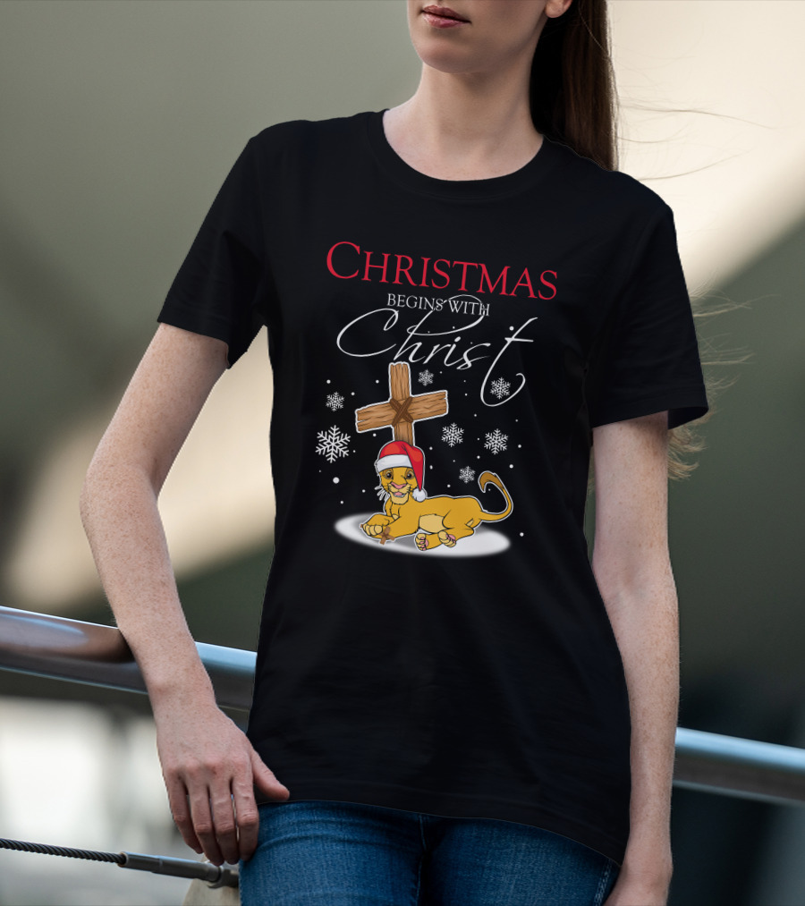 Christmas Begins With Christ Simba Snowflakes Santa Hat T-Shirt