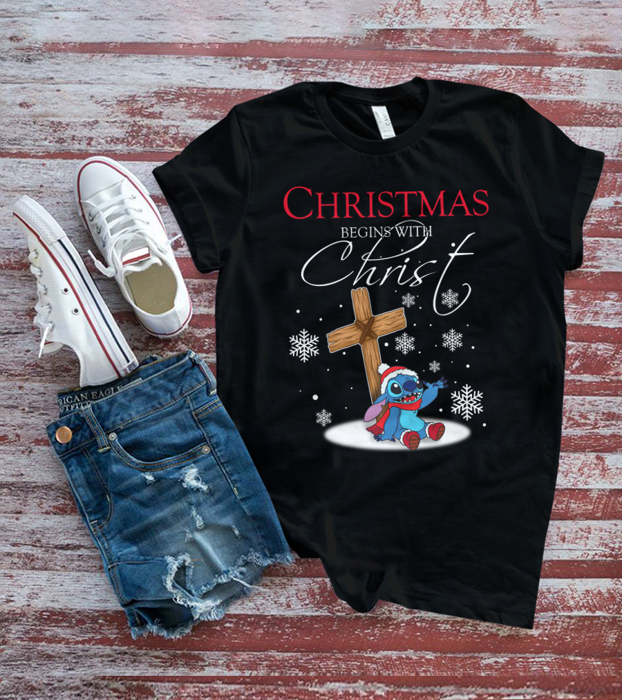 Christmas Begins With Christ Stitch Snowflakes T-Shirt