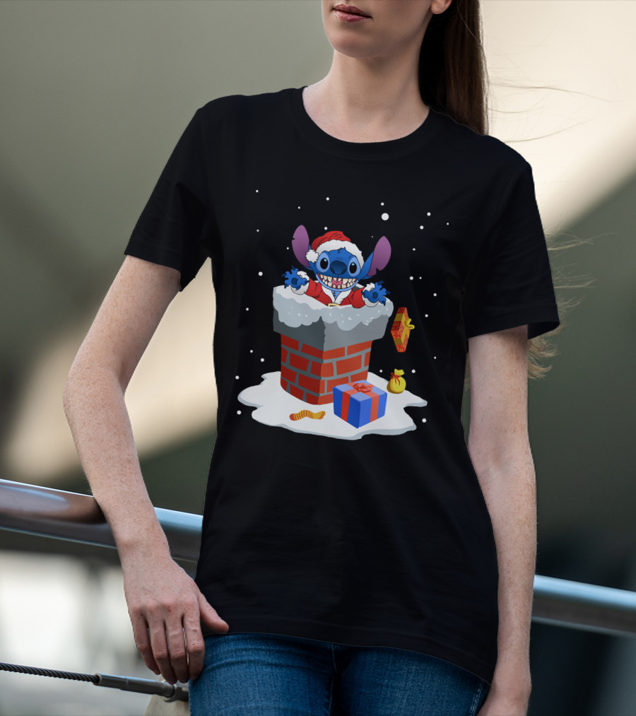 Santa Stitch Christmas Chimney Snow Scene T-Shirt