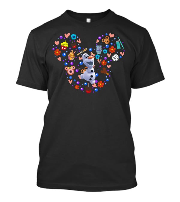 Olaf Frozen Character Surrounded By Colorful Festive Mickey Mouse Shapes And Treats T-Shirt