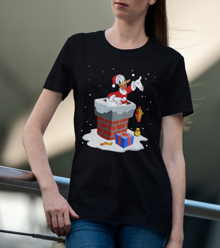 Donald Duck Santa Claus Coming Out Of Chimney With Christmas Gifts T-Shirt