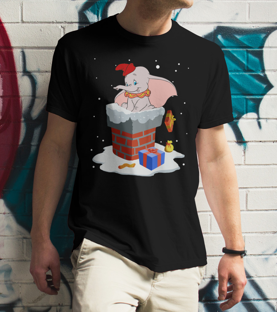 Dumbo Christmas Chimney Scene With Gifts And Snowflakes T-Shirt