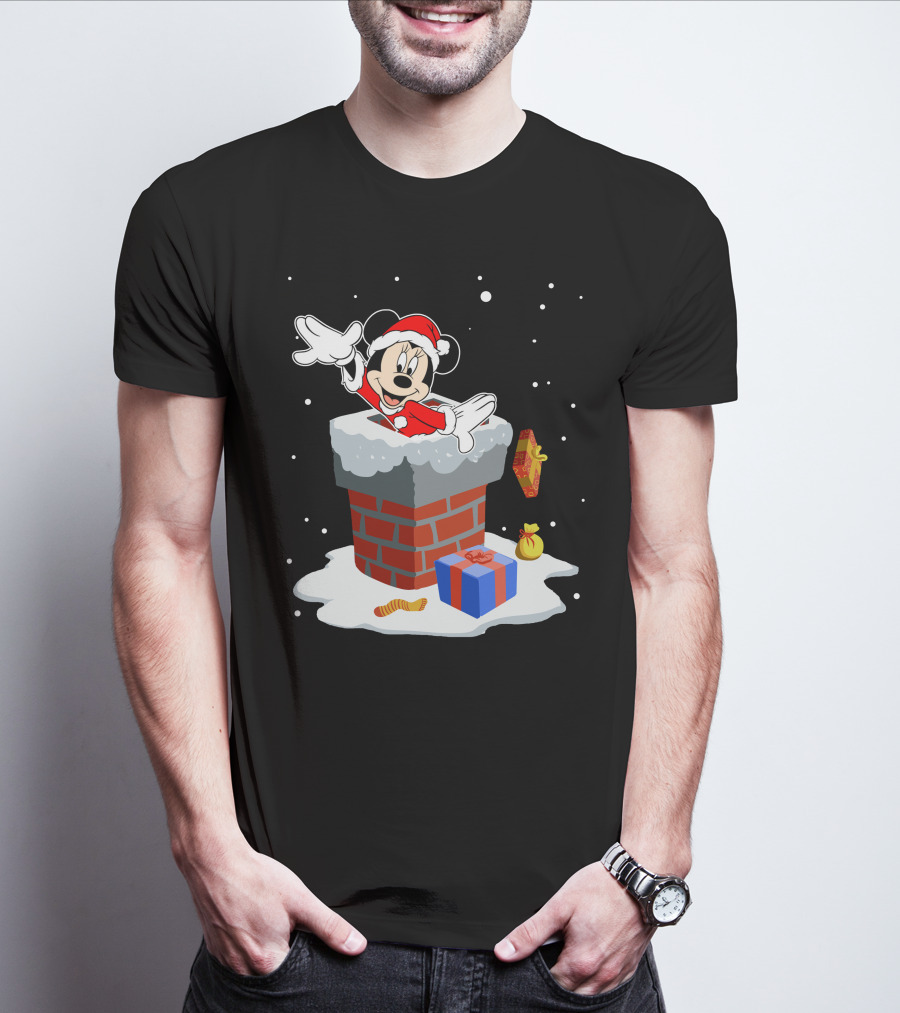 Minnie Mouse Santa In Chimney With Christmas Gifts And Snowflakes T-Shirt