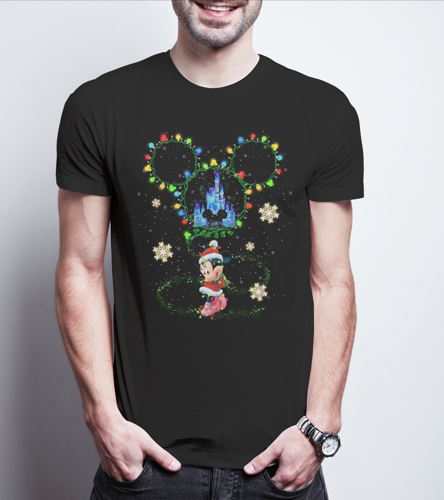 Minnie Mouse Christmas Lights And Disney Castle Holiday Scene T-Shirt