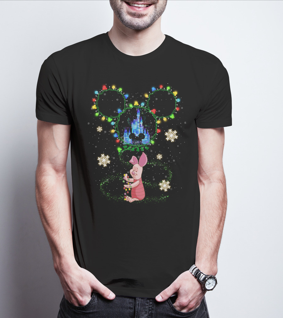 Piglet Christmas Lights Castle And Mouse Ears Snowflakes T-Shirt
