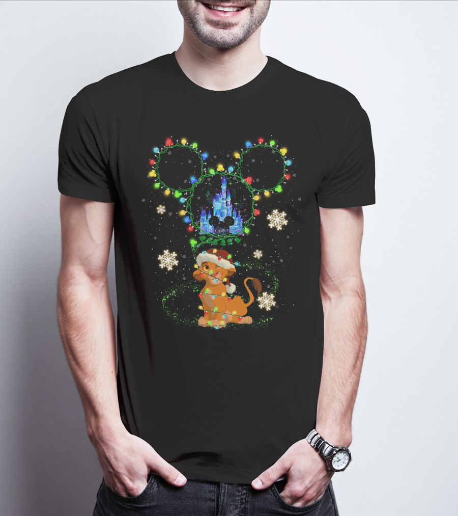 Simba Christmas Disney Castle Mickey Ears Lights Snowflakes T-Shirt