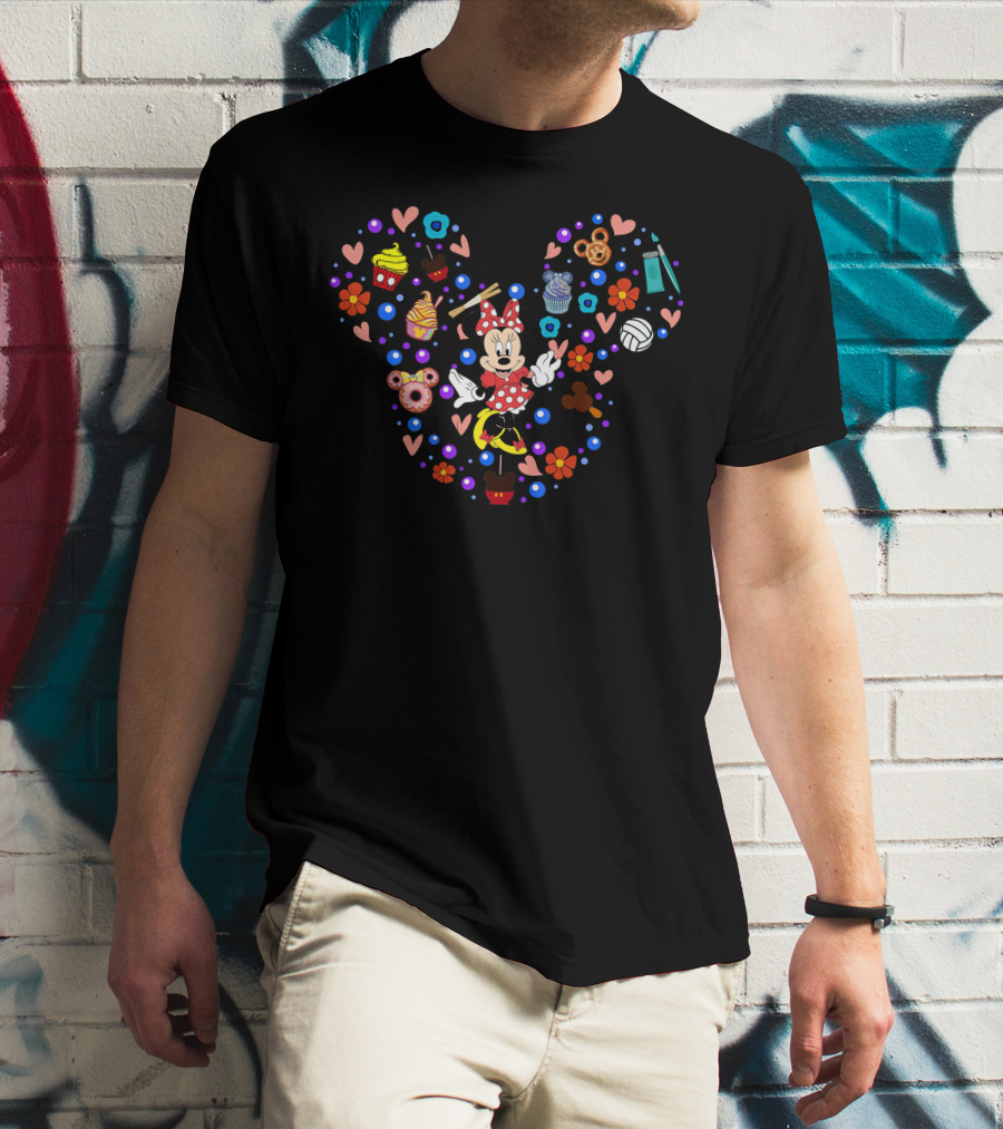 Minnie Mouse Heart Shape With Sweets And Treats Icons T-Shirt