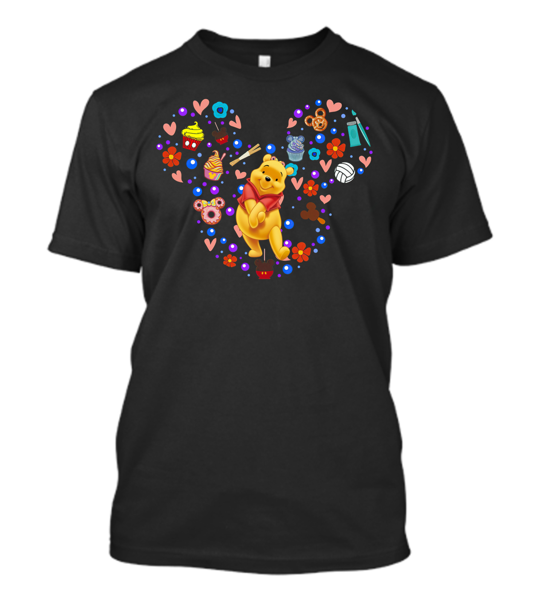 Winnie The Pooh Heart Pattern With Flowers Hearts And Cartoon Snacks T-Shirt