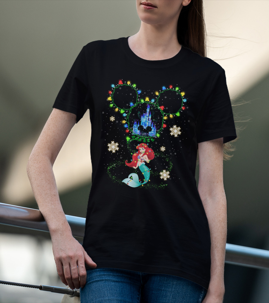 Ariel Disney Holiday Castle Snowflakes Lights T-Shirt