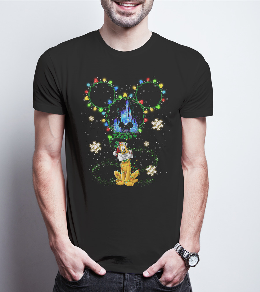 Pluto Santa Christmas Lights Mickey Head Castle Snowflakes T-Shirt