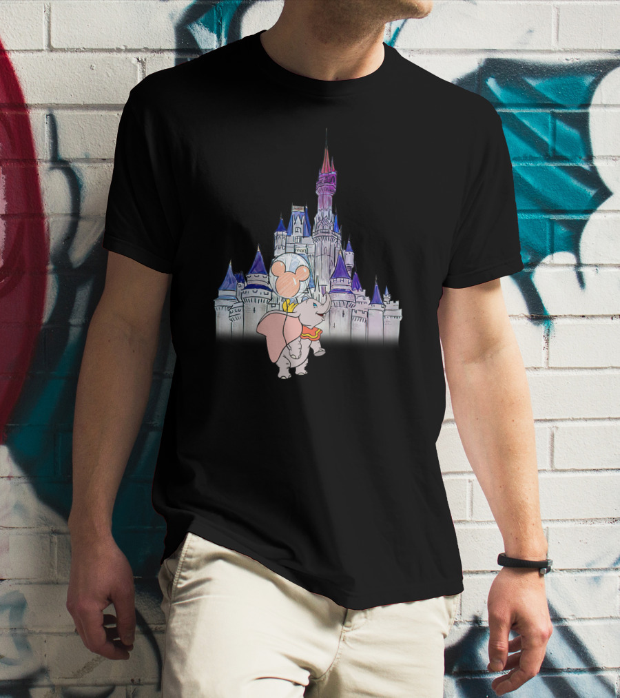 Dumbo With Mickey Balloon In Front Of Disney Castle T-Shirt