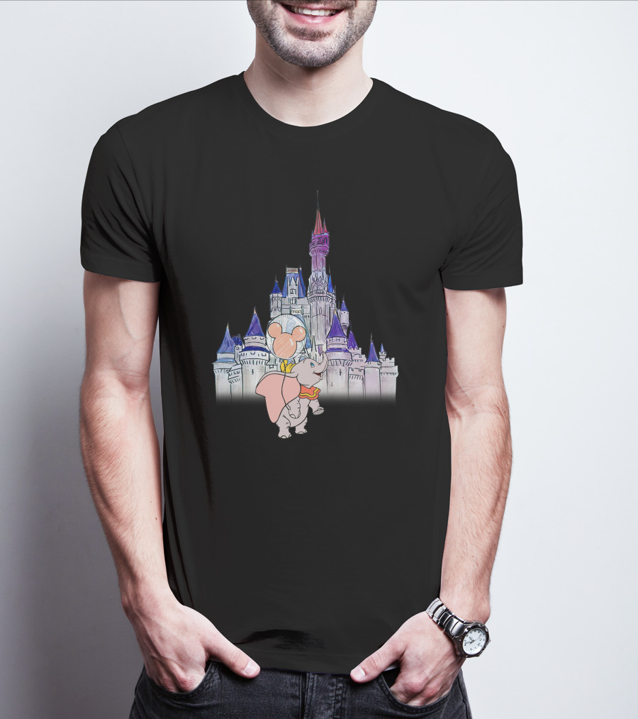 Dumbo With Mickey Balloon In Front Of Disney Castle T-Shirt
