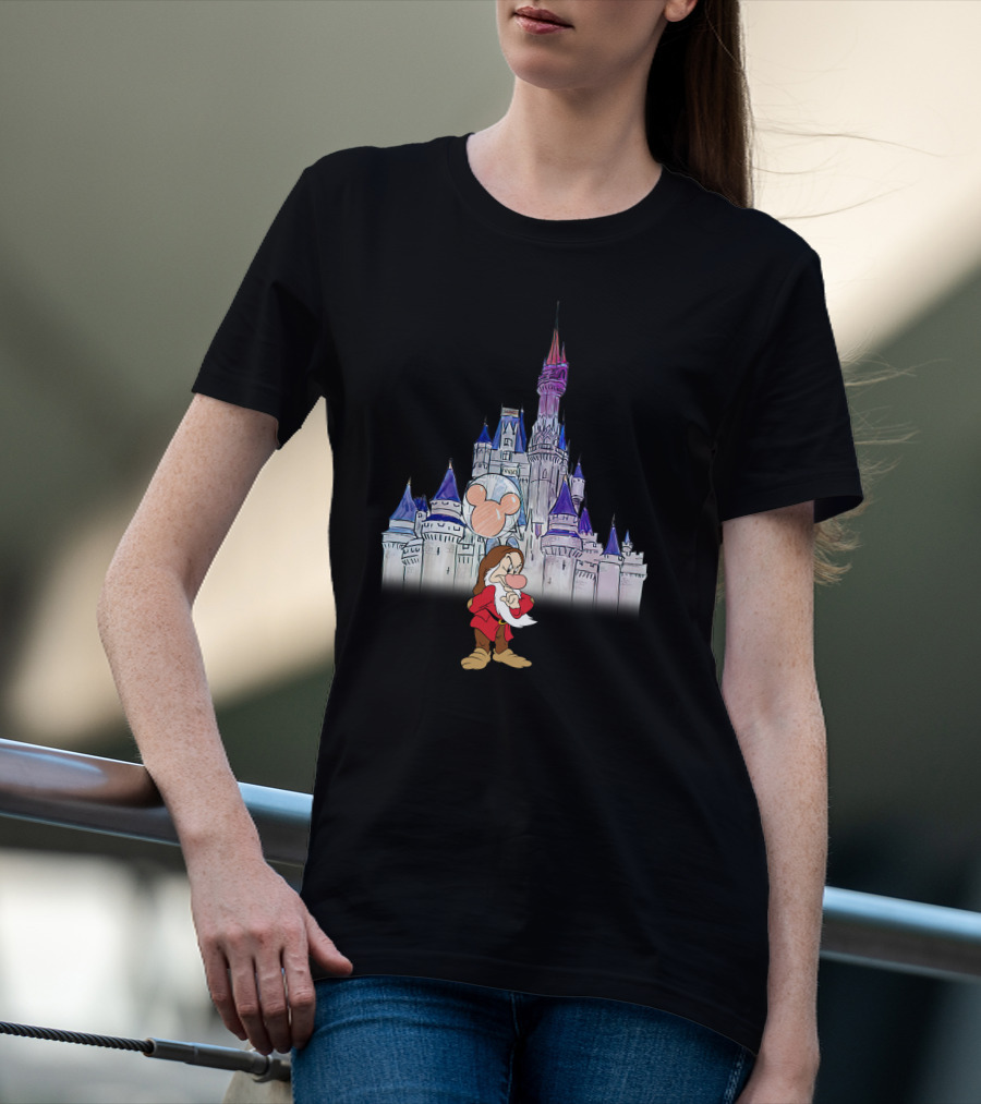 Grumpy Dwarf With Mickey Balloon At Disney Castle T-Shirt