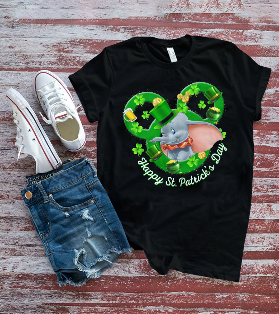 Dumbo Happy St. Patrick's Day With Shamrocks And Leprechaun Hat T-Shirt
