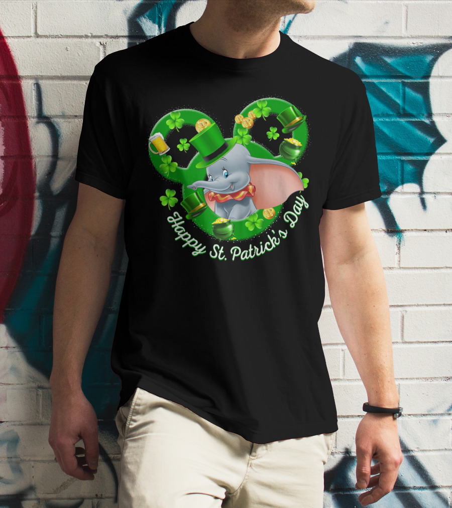 Dumbo Happy St. Patrick's Day With Shamrocks And Leprechaun Hat T-Shirt