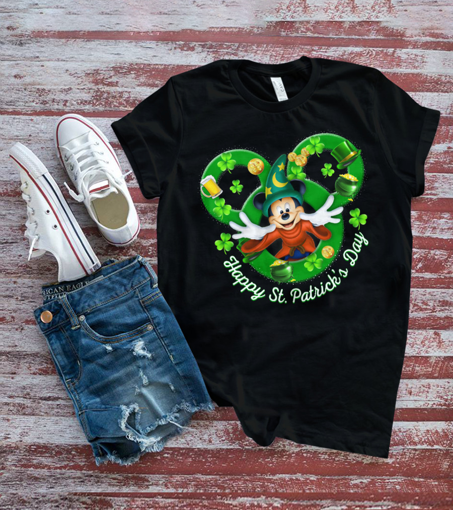 Happy St. Patrick's Day Mickey Fantasia Magic Hat Clover Coins T-Shirt
