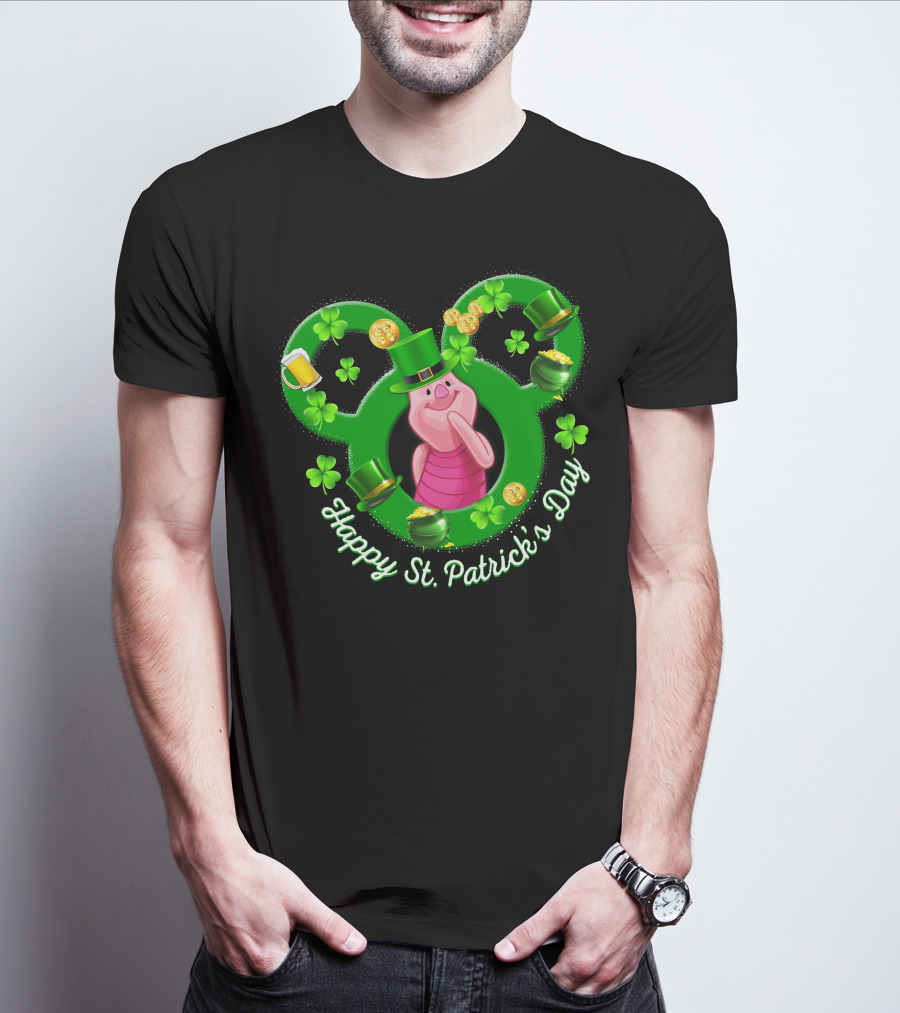 Piglet Happy St. Patrick’s Day Mickey Ears Shamrocks Coins Hat T-Shirt