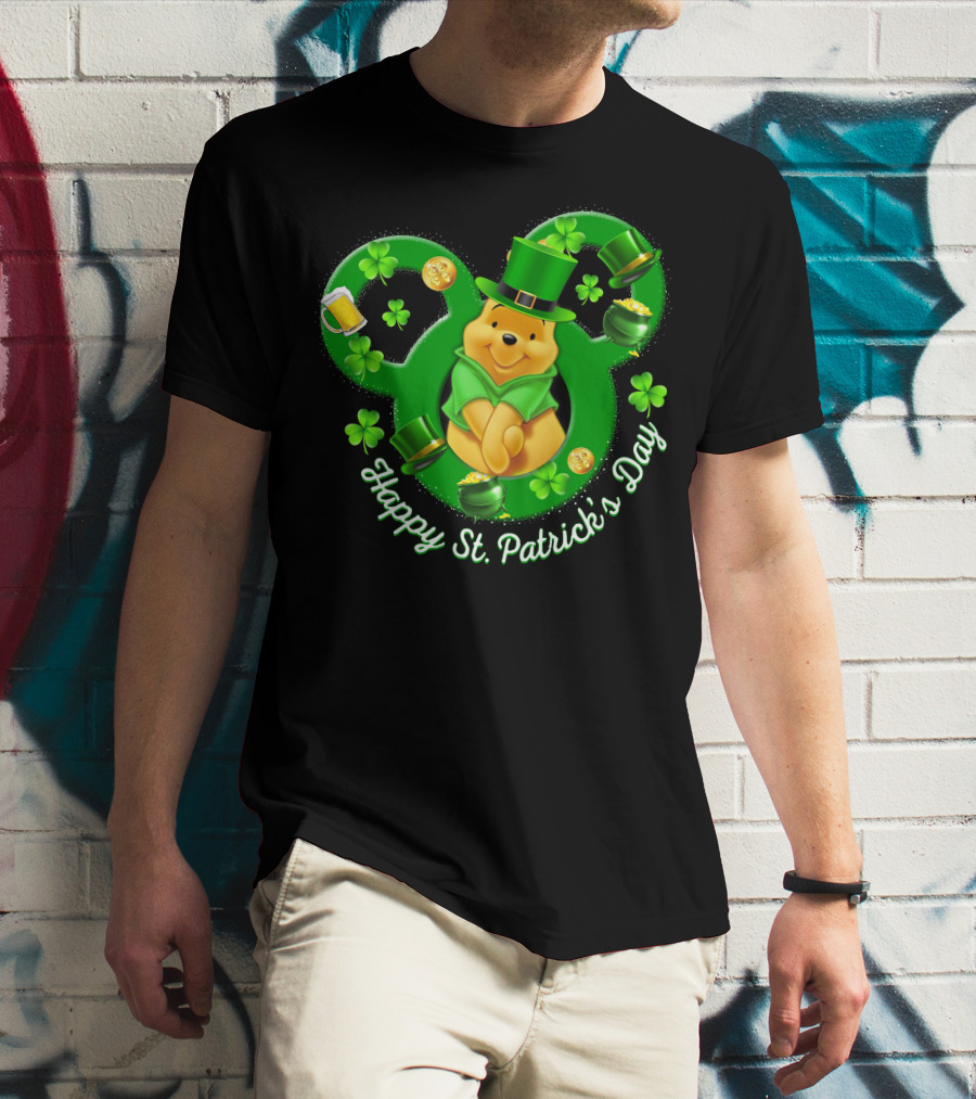 Happy St. Patrick's Day Pooh Bear With Leprechaun Hat And Shamrocks T-Shirt