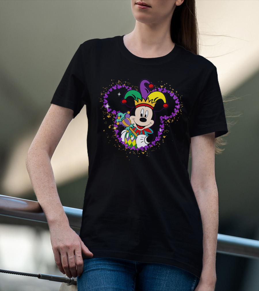 Mickey Mouse Jester Mardi Gras Magic With Crown And Scepter T-Shirt