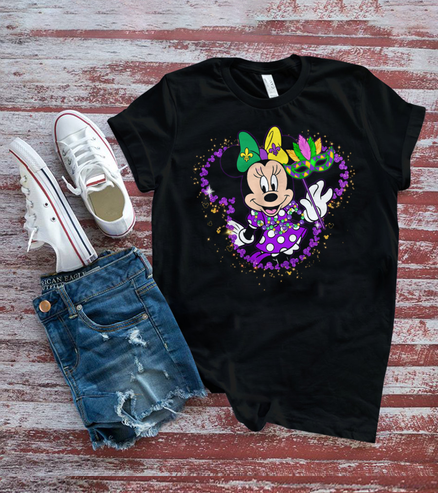 Minnie Mardi Gras Celebration With Mask And Beads T-Shirt