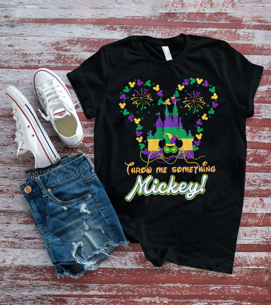 Throw Me Something Mickey Mardi Gras Castle Fireworks Beads T-Shirt