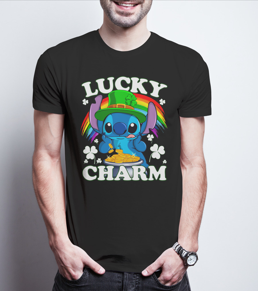 Stitch Lucky Charm Leprechaun Rainbow And Gold Coins T-Shirt