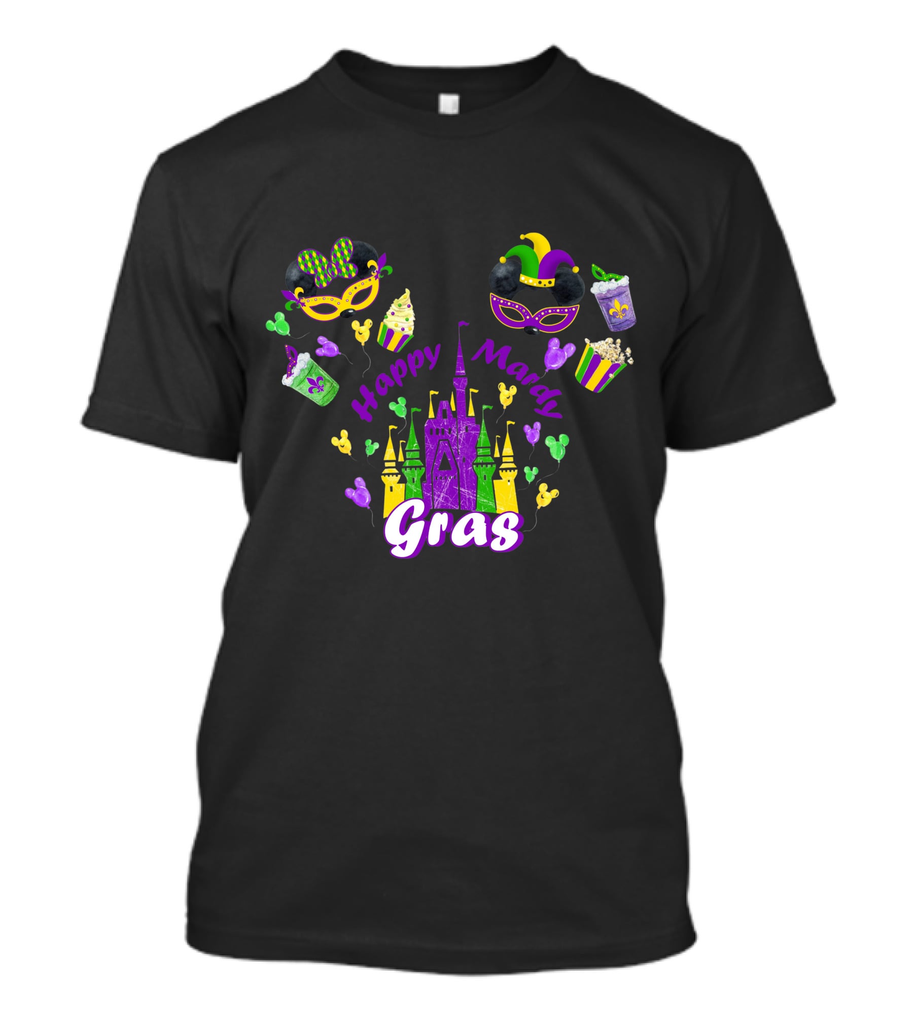 Happy Mardi Gras Castle Celebration With Mask And Snack Icons T-Shirt