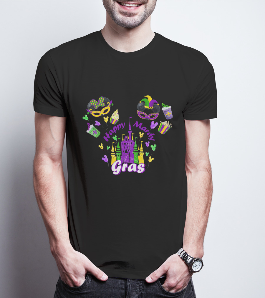 Happy Mardi Gras Castle Celebration With Mask And Snack Icons T-Shirt
