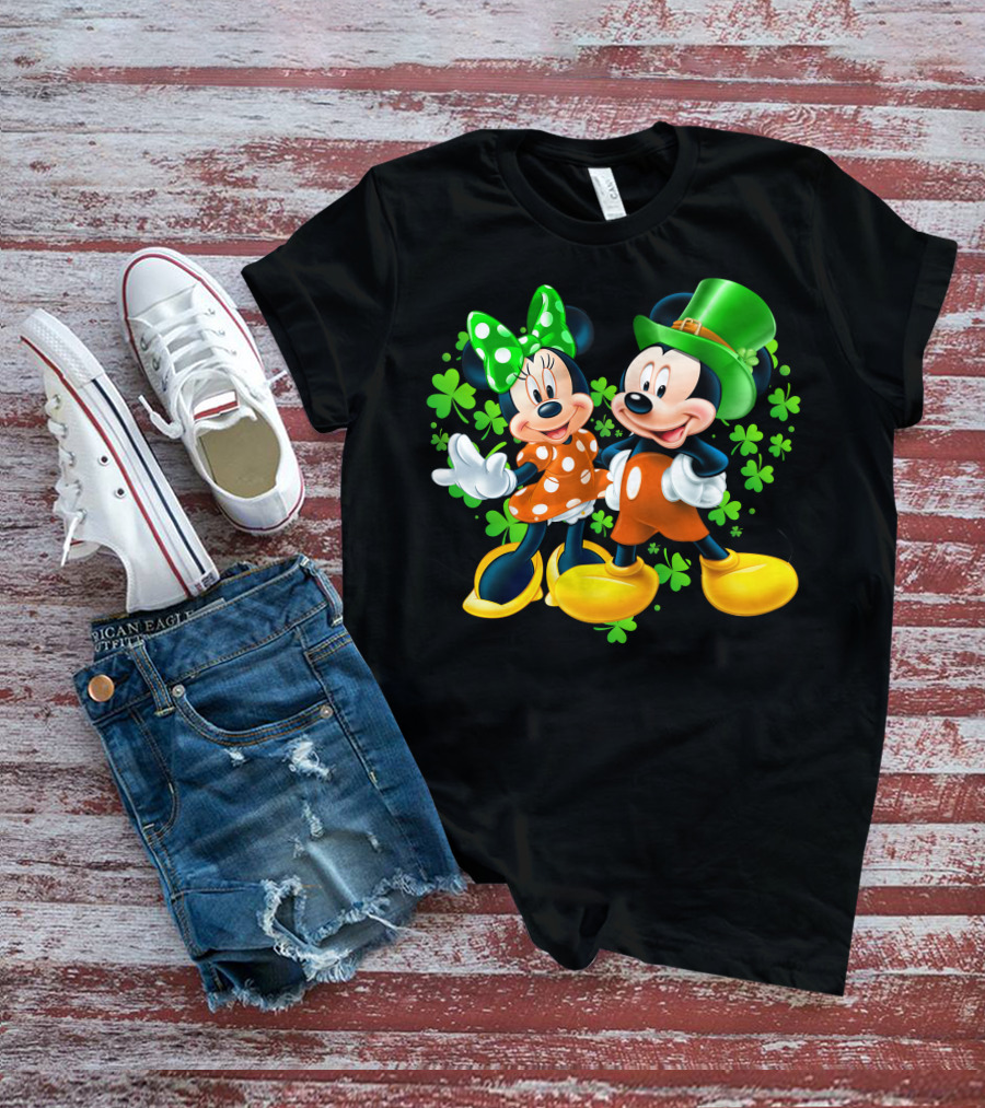 Mickey And Minnie With Shamrocks In Green And Orange Outfits T-Shirt
