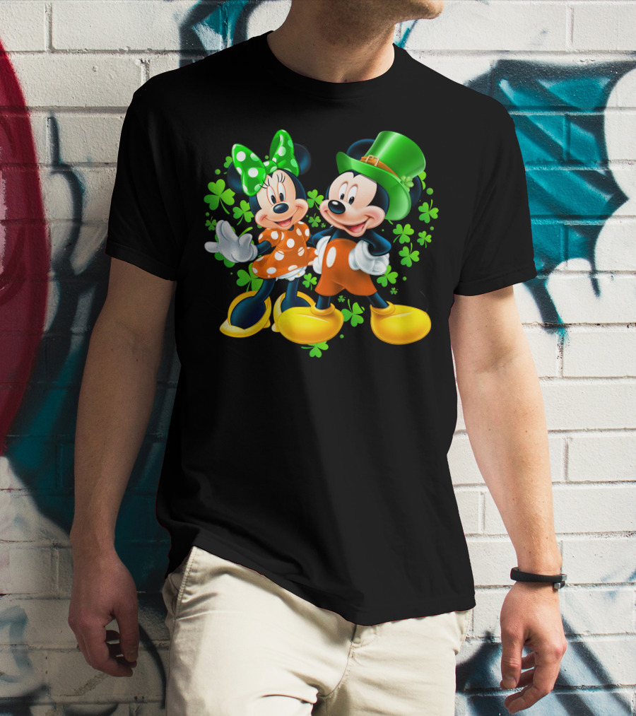 Mickey And Minnie With Shamrocks In Green And Orange Outfits T-Shirt