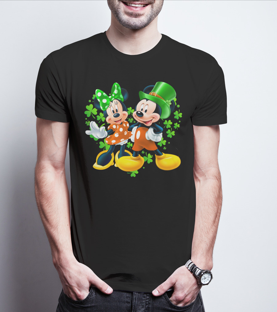 Mickey And Minnie With Shamrocks In Green And Orange Outfits T-Shirt