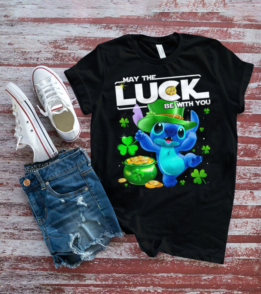 May The Luck Be With You Stitch Leprechaun Clover Coins T-Shirt