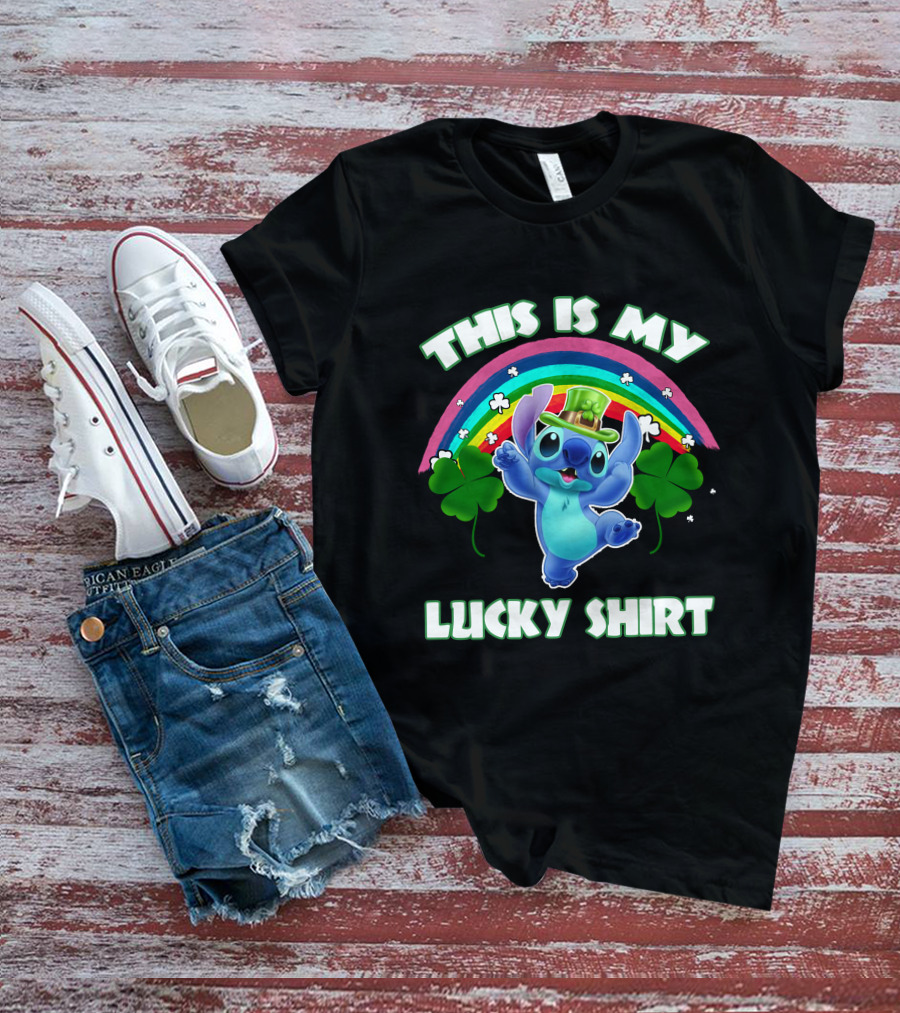 This Is My Lucky Shirt Stitch Leprechaun Clover Rainbow T-Shirt