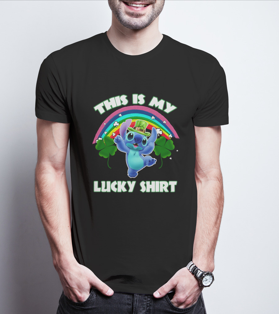 This Is My Lucky Shirt Stitch Leprechaun Clover Rainbow T-Shirt