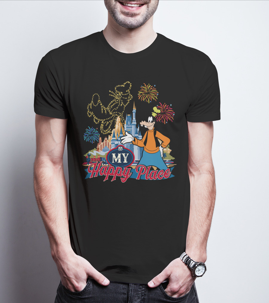 Goofy My Happy Place Fireworks Castle T-Shirt