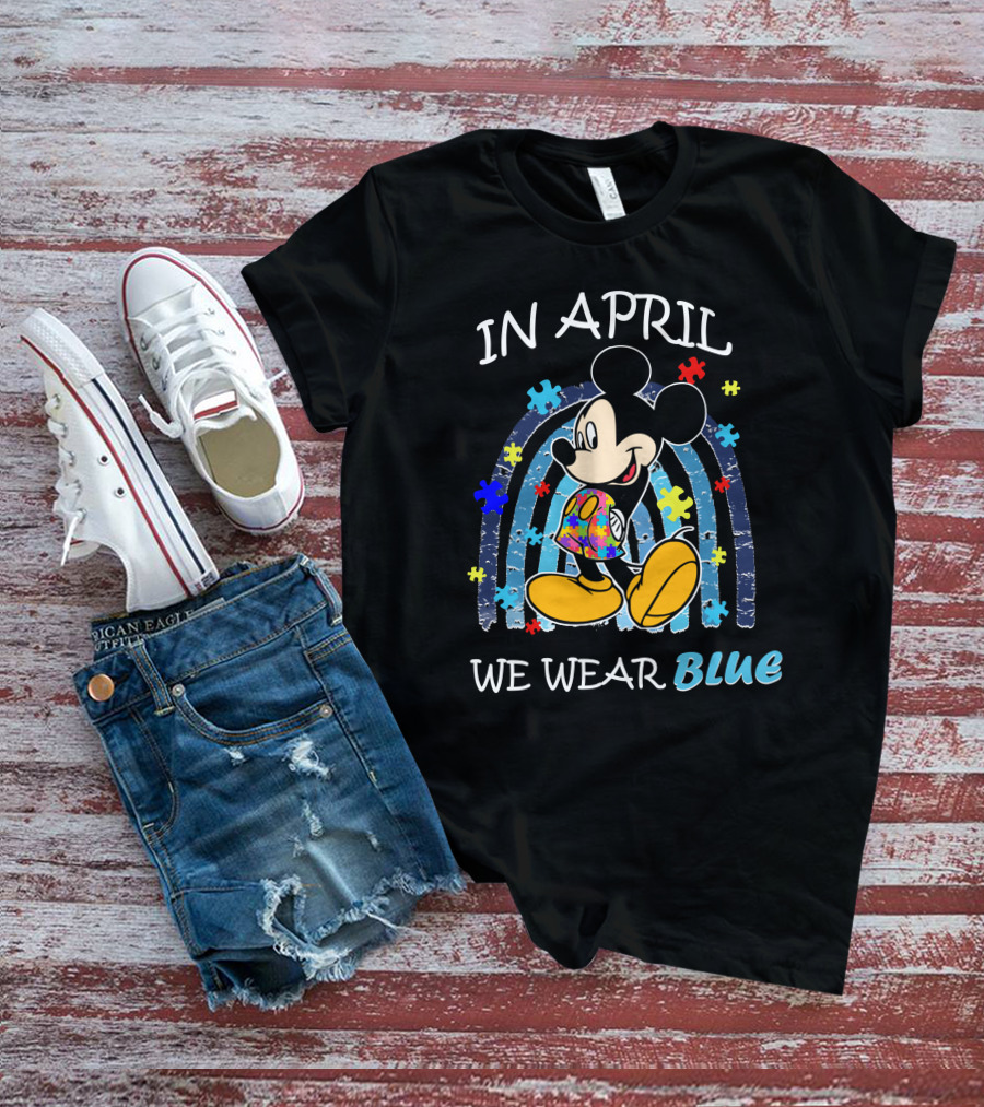 In April We Wear Blue Mickey Puzzle Autism Awareness T-Shirt