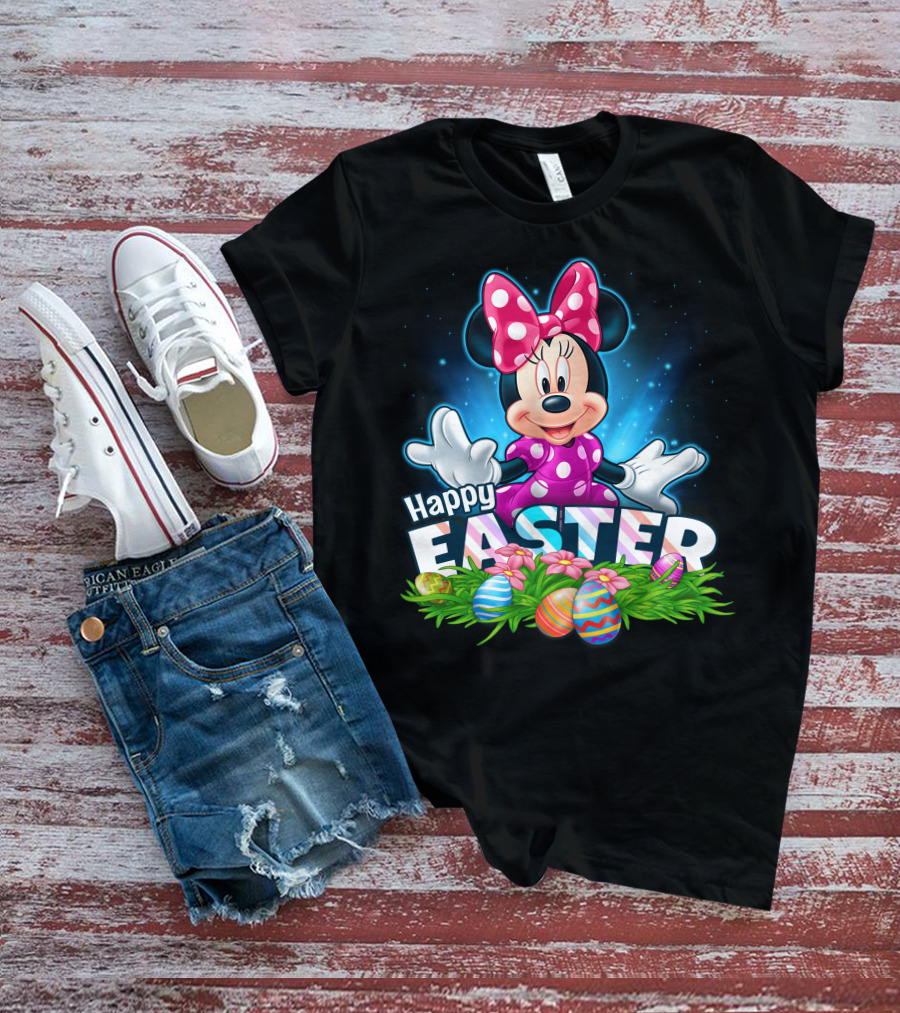 MINNIE Happy Easter Colorful Eggs And Pink Bow T-Shirt