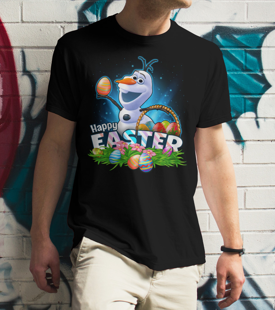 Happy Easter Olaf With Colorful Eggs And Basket T-Shirt