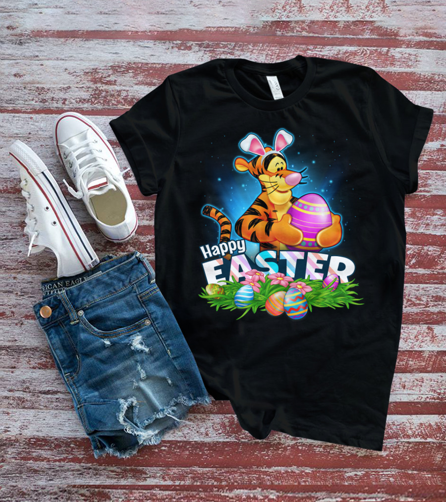 Happy Easter Tigger With Colorful Eggs And Bunny Ears T-Shirt