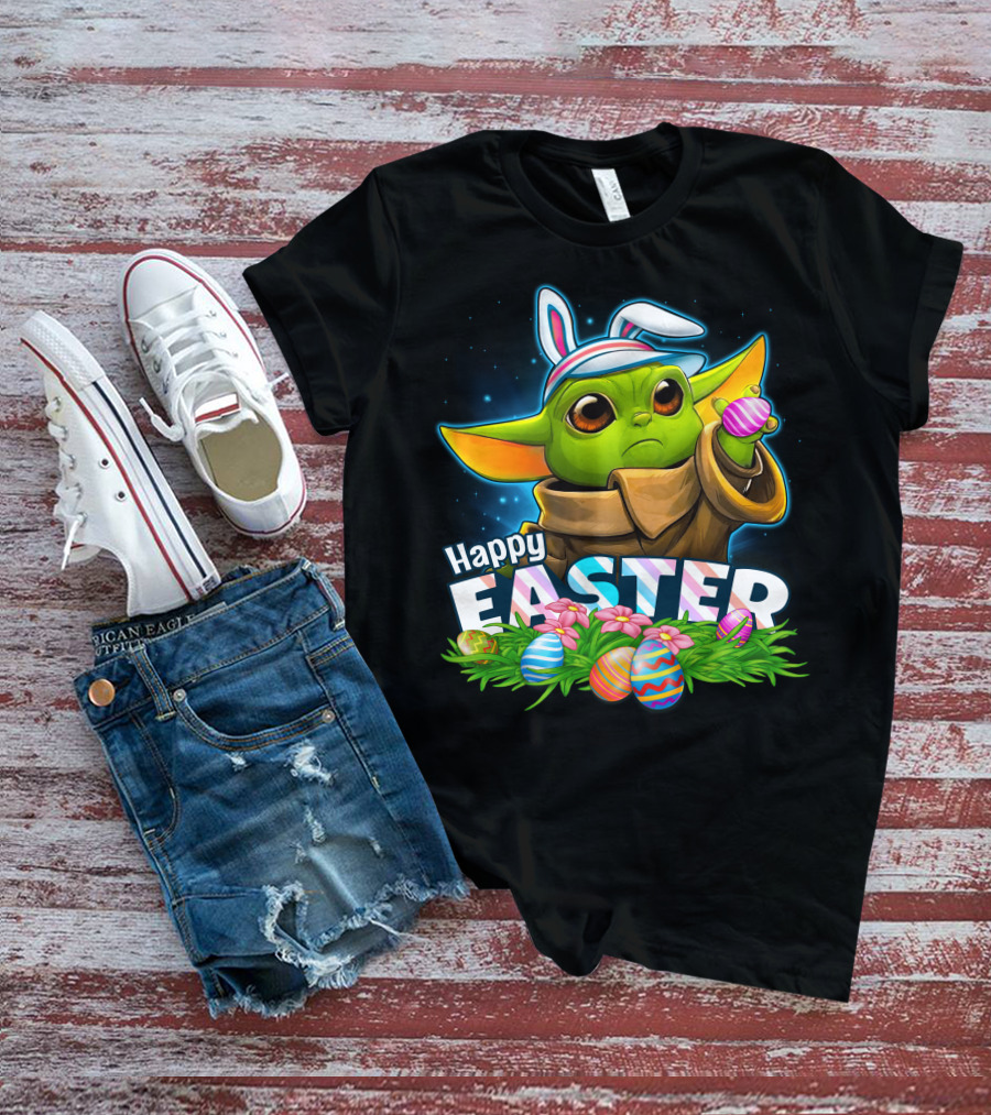 Happy Easter Yoda Baby With Bunny Ears And Colorful Eggs T-Shirt